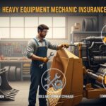 Heavy equipment mechanic inspecting construction machinery with insurance protection concept